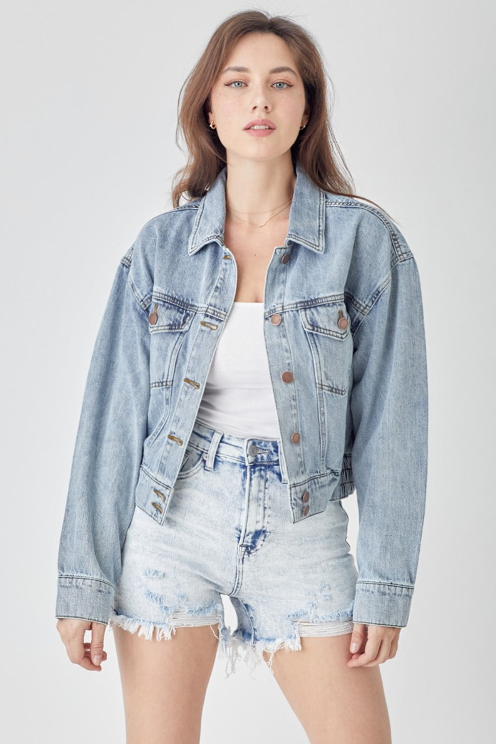 RISEN Full Size Button Down Cropped Denim Jacket-0