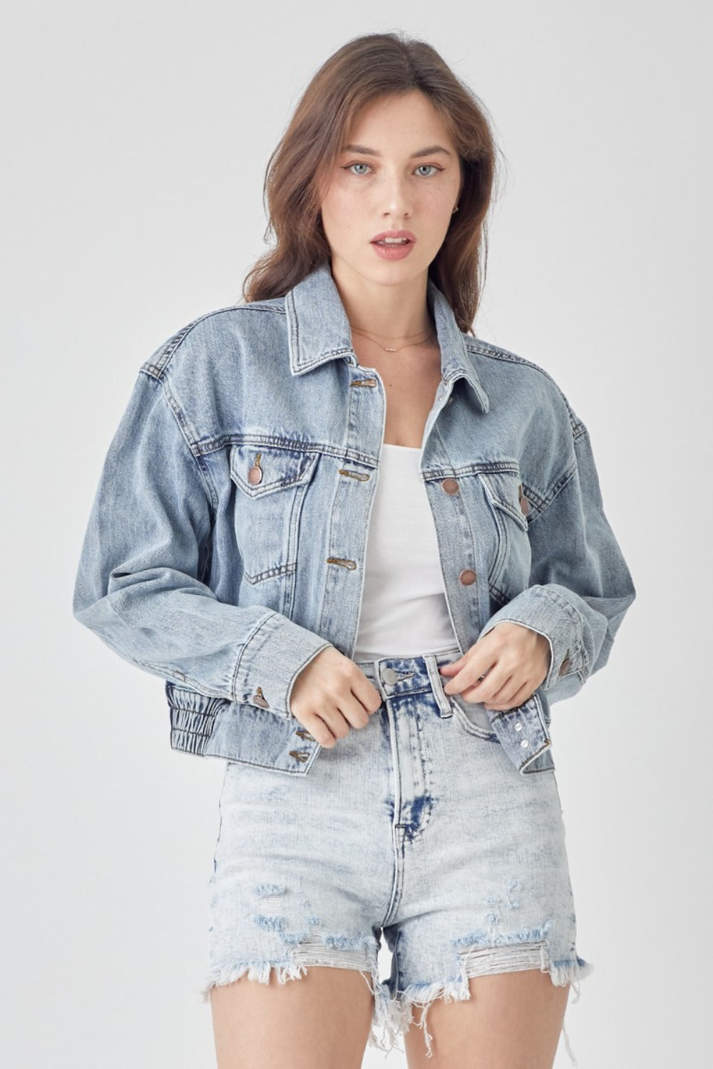 RISEN Full Size Button Down Cropped Denim Jacket-4