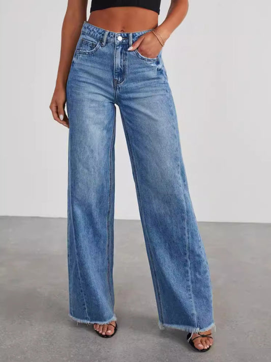 Youth Brand Loose Wide Leg Side Seam Paneled Frayed Hem Jeans